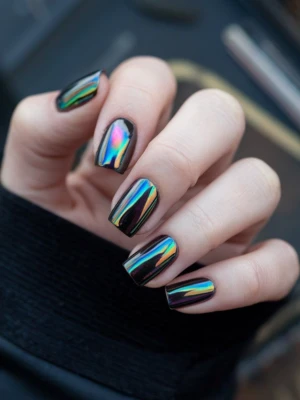 Holographic Black Chrome Fade Nail