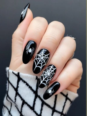 Jet-Black Spiderweb Nails