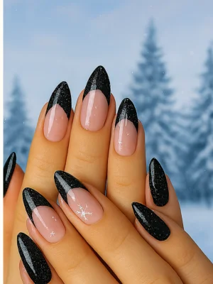 Black Glitter Almond Christmas Nails