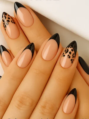 Black and Nude Leopard Tip Nail
