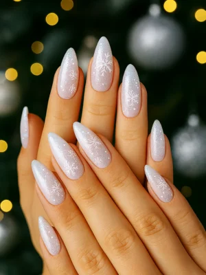Icy Snowflakes Almond Christmas Nails