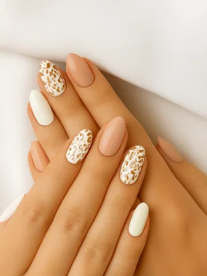 Nude and White Leopard Glam Nail