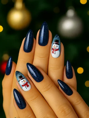 Navy Blue Almond Christmas Nails