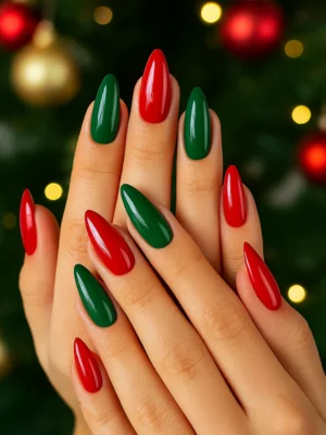 Red and Green Almond Christmas Nails