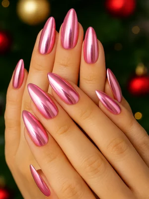 Pink Chrome Almond Christmas Nails
