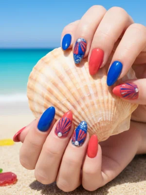 Coral Red & Blue Nails