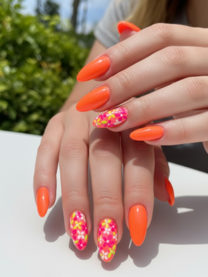 Floral Neon Tips Nails
