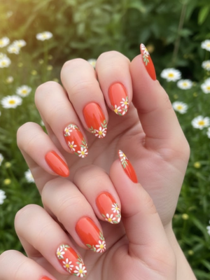Floral Orange Tips Nails