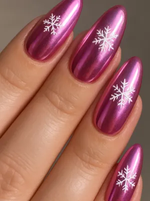 Icy White Chrome Snowflake Nails