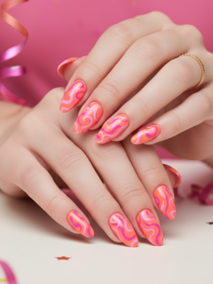 Pink and Orange Swirls Nails