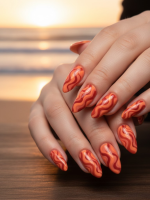 Red-Orange Waves Nails