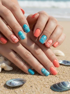 Coral & Blue Nails